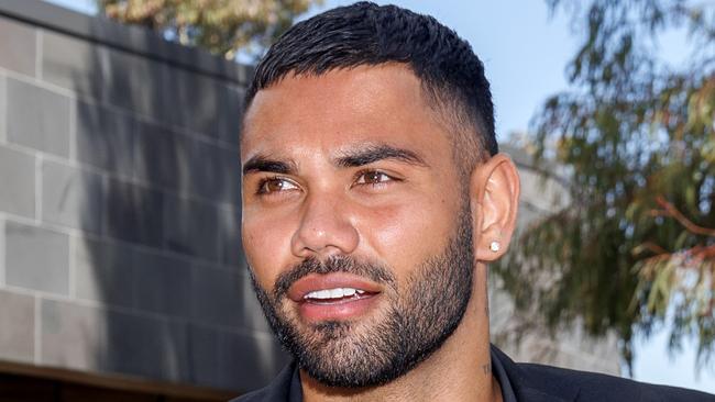 MELBOURNE, AUSTRALIA - NewsWire Photos - November 21, 2024: Tarryn Thomas leaves Broadmeadows court. Thomas is accused of making a series of allegedly harassing phone calls to his former partner after he was axed by the Kangaroos in May.  Picture: NewsWire /ÃDavid Geraghty