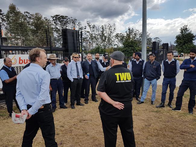 Bus drivers at a stop work meeting at Penrith's Busways depot as part of an ongoing dispute over a new enterprise agreement.