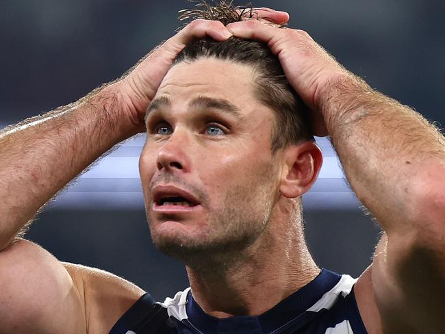 MELBOURNE, AUSTRALIA - MAY 04: Tom Hawkins of the Cats looks dejected after losing the round eight AFL match between Melbourne Demons and Geelong Cats at Melbourne Cricket Ground, on May 04, 2024, in Melbourne, Australia. (Photo by Quinn Rooney/Getty Images)