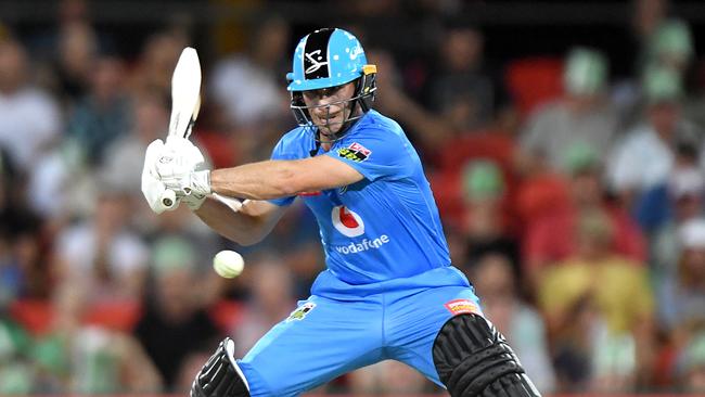 Jon Wells of the Strikers playing a shot during the Big Bash League match between the Melbourne Stars and the Adelaide Strikers at Metricon Stadium (Photo by Bradley Kanaris/Getty Images )