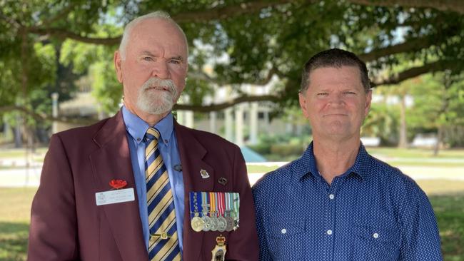 Timothy Patton (right) connected with Mackay RSL sub-branch president Ken Higgins OAM (left) to organise a tombstone to mark the grave of John Patton, the Mackay patriarch who fathered six sons and two daughters. Five of his sons served Australia in World War Two. Picture: Duncan Evans