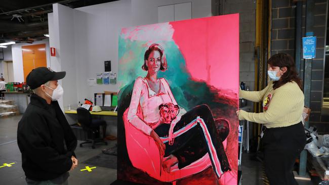 A portrait of Brooke Boney by artist Laura Jones arrives for the Archibald Prize. Picture: John Feder