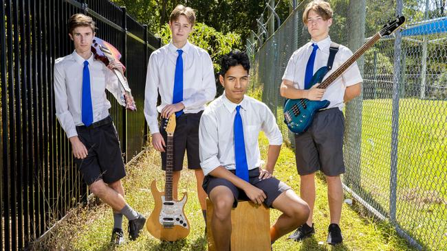 Aspley State High School students Max Wadsworth, Camden Charlesworth, Riley Hema and Jackson Mort are members of the band Simian Sick. Picture: AAP/Richard Walker