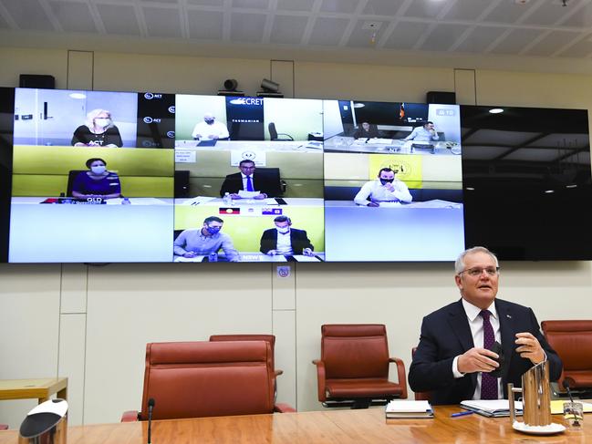 Australian Prime Minister Scott Morrison holds a national cabinet meeting with state and territory leaders, at Parliament House in Canberra. Picture: AAP