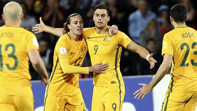 Tomi Juric celebrates scoring his first goal for Australia against Saudi Arabia on Thursday night.