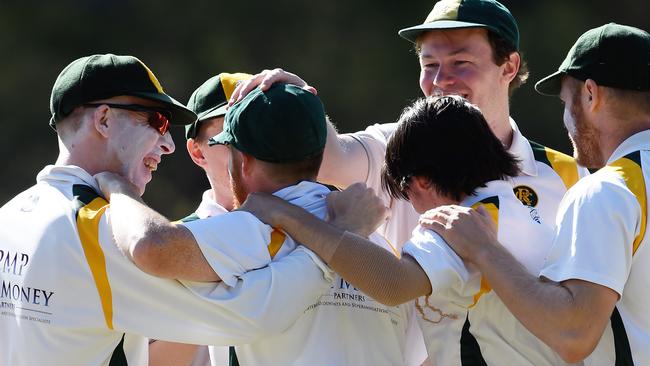 Riverside celebrates a wicket on Saturday. Picture: Steve Tanner