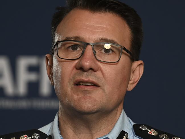 CANBERRA, AUSTRALIA - NOVEMBER 11: AFP Commissioner Reece Kershaw makes a statement regarding the current investigation into the Medibank data breach at AFP Headquaters in Canberra. Picture: NCA NewsWire / Martin Ollman