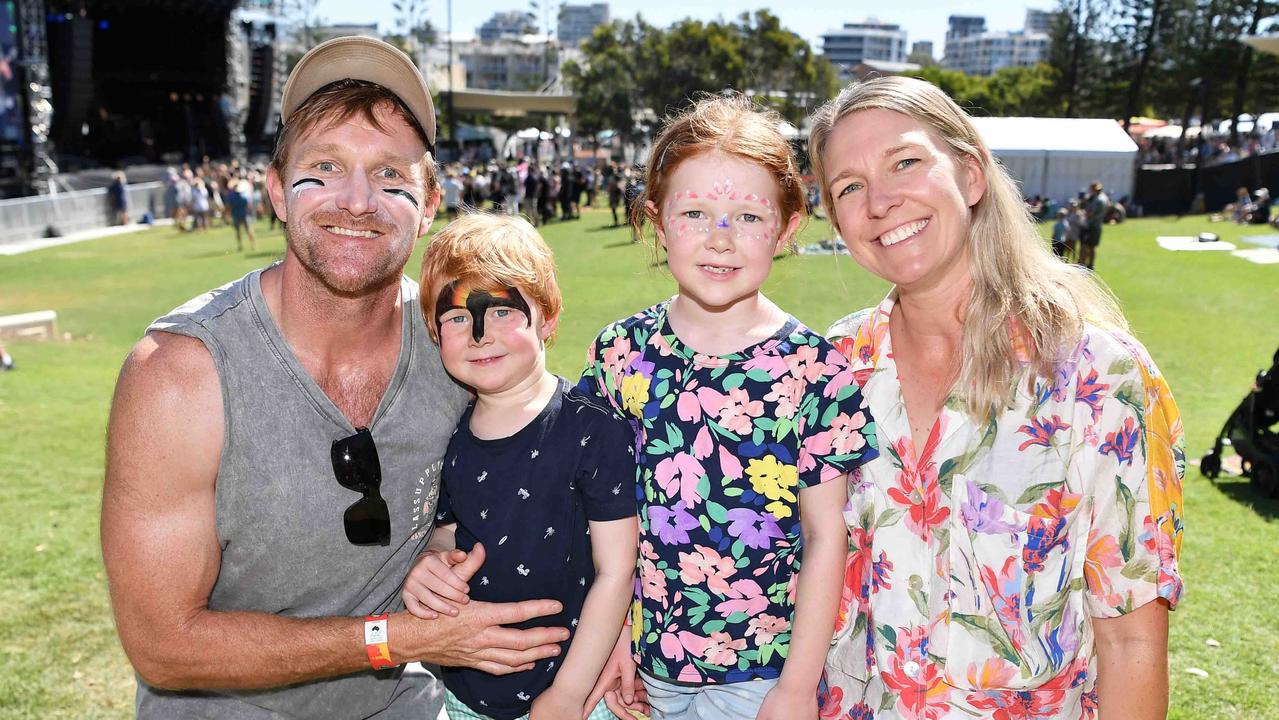 Mat Noble, Hayley Zweck, Leo and Estelle Noble at Caloundra Music Festival. Picture: Patrick Woods.