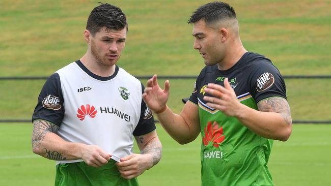 John Bateman, left, at training with Raiders teammate Nick Cotric