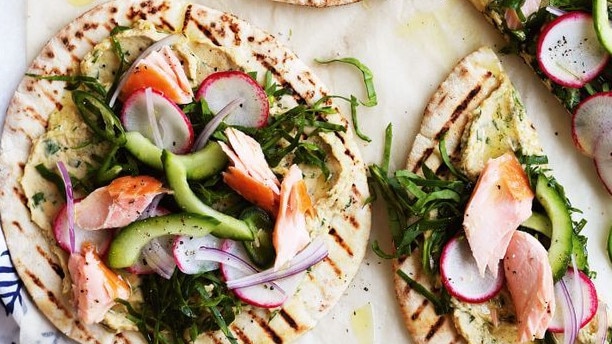 Smoked salmon and hummus mini pizzas.