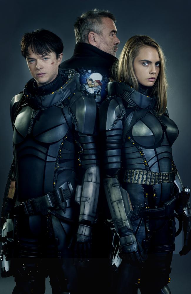 Director Luc Besson (centre) with his stars Dane DeHaan and Cara Delevigne on the set of Valerian and the City of a Thousand Planets. Picture: EntertainmentOne