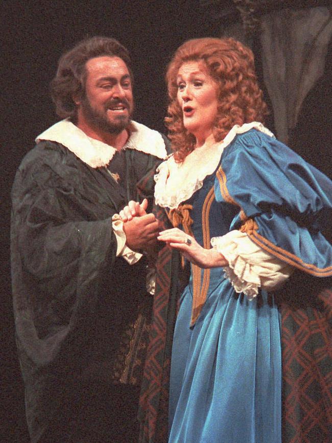 Opera singers Luciano Pavarotti and Dame Joan Sutherland sing a duet from Gaetano Donizetti's opera, Lucia de Lammermoor, during a dress rehearsal at New York's Metropolitan Opera in 1987.