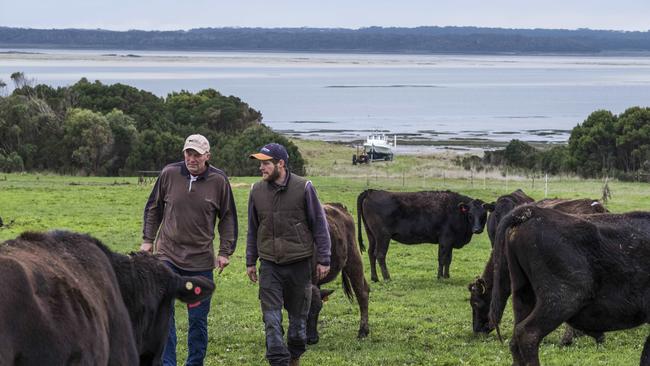 07/06/2019 Robbins Island Wagyu beef cattle farmers Keith Hammond and his son Alex on their mainland Tasmanian property with the Robbins Island passage behind them where a 1.8km causeway is planned to facilitate the building of a large wind energy farm. Picture: CHRIS CRERAR/THE AUSTRALIAN