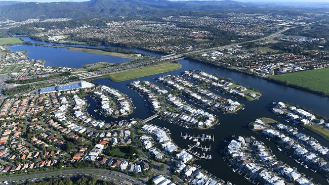 Aerial view of residential housing around the Coomera River on the Gold Coast. (AAP Image/Dave Hunt)