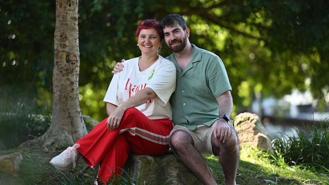 Kaz Kelly with husband Kyle Burton, near their home in Brisbane’s West End. Picture: Lyndon Mechielsen