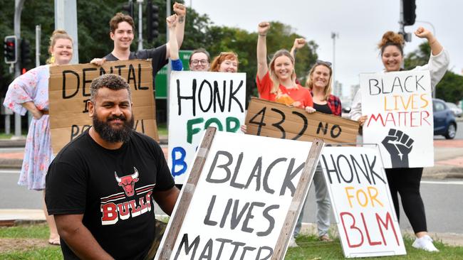 Isaac Fatnowna, Anna Kahler, Conor Harris, Ella Jarvis, Emily Wakeling, Julie Kendall, Emma Barrett and Zahrah Andrews at a Black Live Matter Protest in Mackay. Picture: Tony Martin
