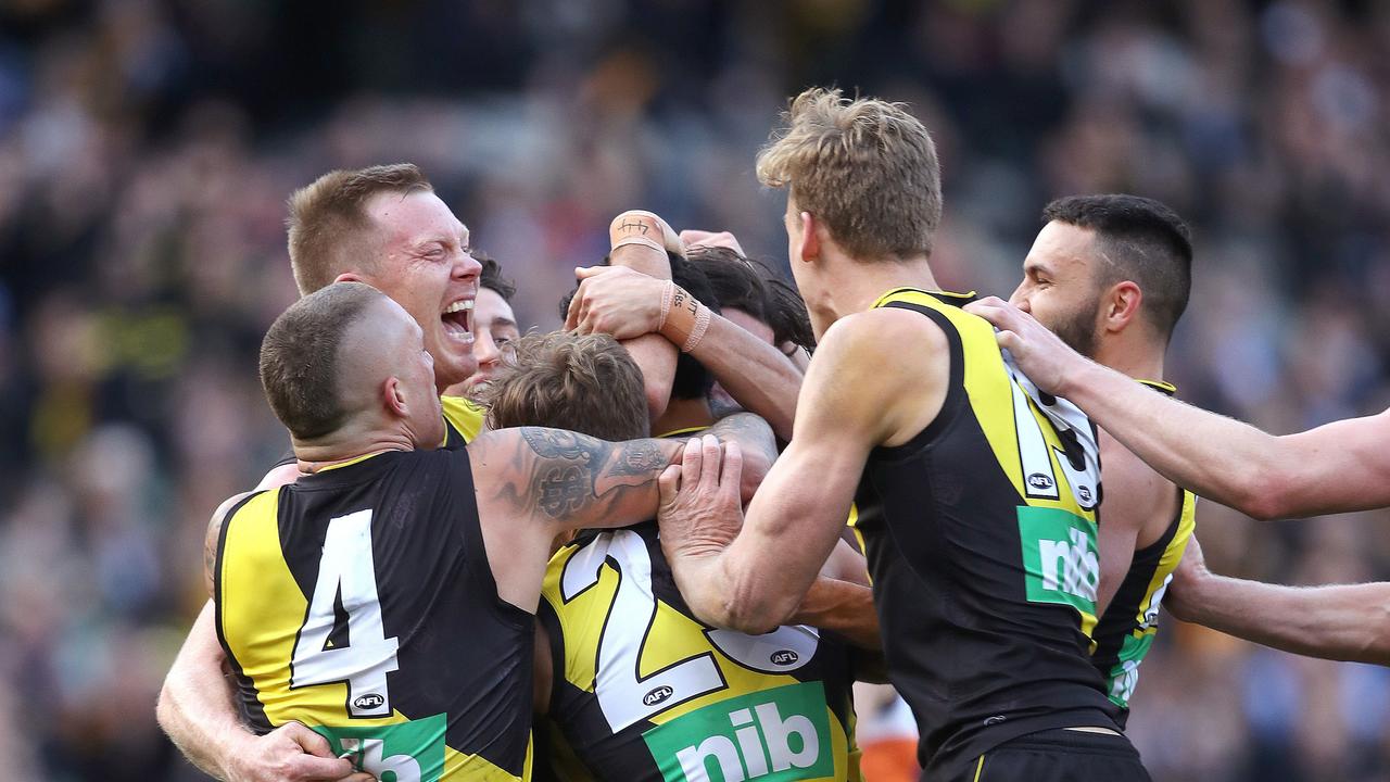 Richmond players celebrate Marlion Pickett’s first goal. Photo: Phil Hillyard.