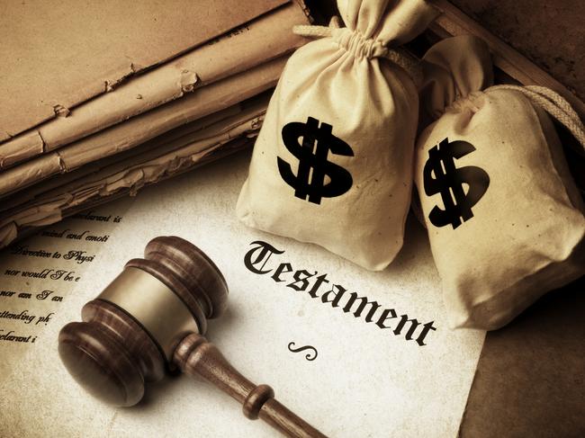 gavel testament document and canvas bags with dollar sign representing inheritance, money