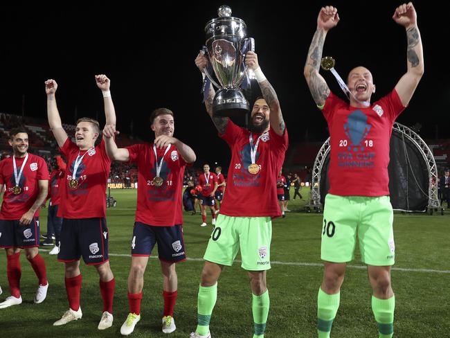 Paul Izzo celebrates Adelaide United’s FFA Cup triumph. Picture: Sarah Reed