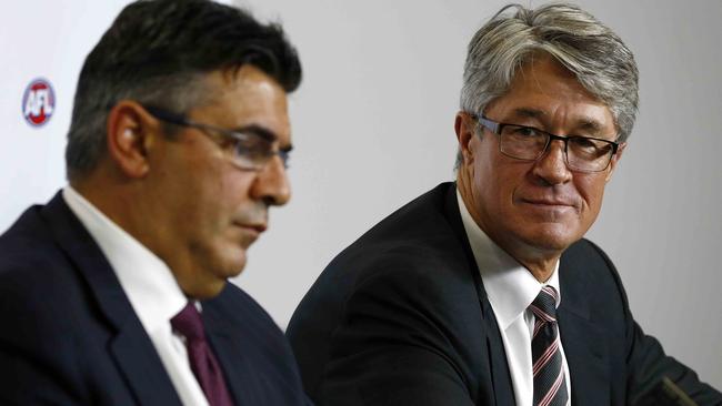 Former AFL CEO Andrew Demetriou and commission chairman Mike Fitzpatrick. Picture: Michael Klein