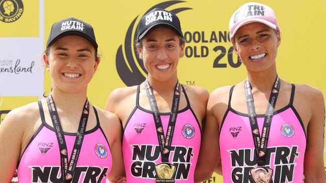 Jemma Smith, left, Lana Rogers, centre and Courtney Hancock, right, on the Coolangatta Gold podium