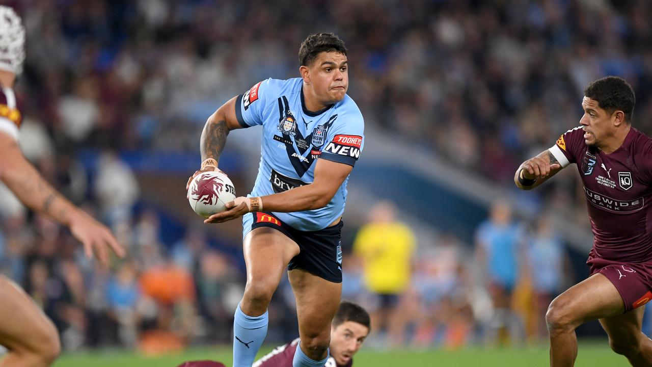 Latrell Mitchell of the Blues celebrates a try during game three of the 2021 State of Origin Series between the New South Wales Blues and the Queensland Maroons at Cbus Super Stadium on July 14, 2021 in Gold Coast, Australia. Picture NRL Photos