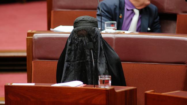 Pauline Hanson wears a burka in the senate last month. Picture: Gary Ramage