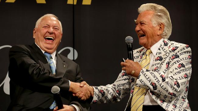 Old mates ... Alan Bond with Bob Hawke at a function to commemorate the 30th anniversary of Australia II's America's Cup victory. Picture: Gregg Porteous