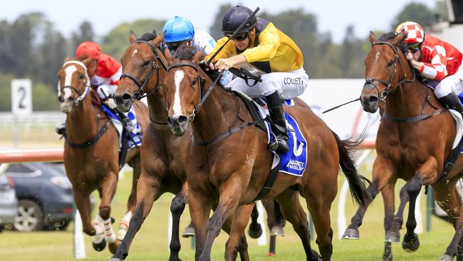 KEMBLA GRANGE, AUSTRALIA - NOVEMBER 19: Jason Collett on Quick Tempo wins race 4 the Eleven Eleven Benchmark 78 Handicap during Sydney Racing at Kembla Grange Racecourse on November 19, 2022 in Kembla Grange, Australia. (Photo by Mark Evans/Getty Images)