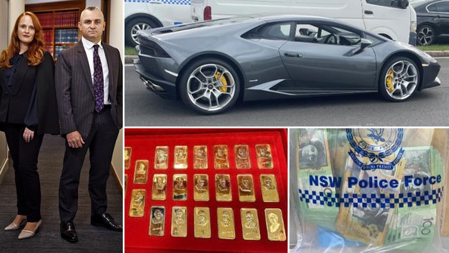 NSW Crime Commission confiscation team members Nicole Lawless and Mark Pulvirenti (left), and items confiscated by the team, including luxury cars, gold bullion and cash.