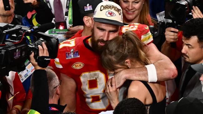 Taylor Swift and Kansas City Chiefs' tight end Travis Kelce embrace after the Chiefs won Super Bowl LVIII Picture: AFP