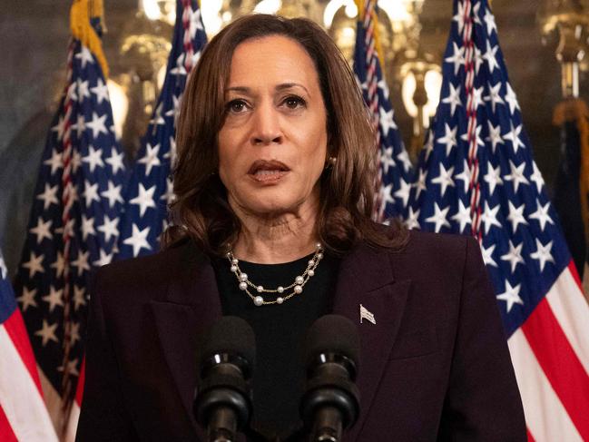 US Vice President Kamala Harris speaks to the press following a meeting with Israeli Prime Minister Benjamin Netanyahu in the Vice Presidentâs ceremonial office at the Eisenhower Executive Office Building in Washington, DC, on July 25, 2024. (Photo by ROBERTO SCHMIDT / AFP)