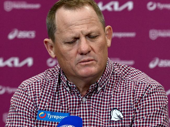 BRISBANE, AUSTRALIA - JUNE 17: Coach Kevin Walters of the Broncos looks dejected as he speaks at a press conference after the round 15 NRL match between the Brisbane Broncos and the South Sydney Rabbitohs at Suncorp Stadium, on June 17, 2021, in Brisbane, Australia. (Photo by Bradley Kanaris/Getty Images)