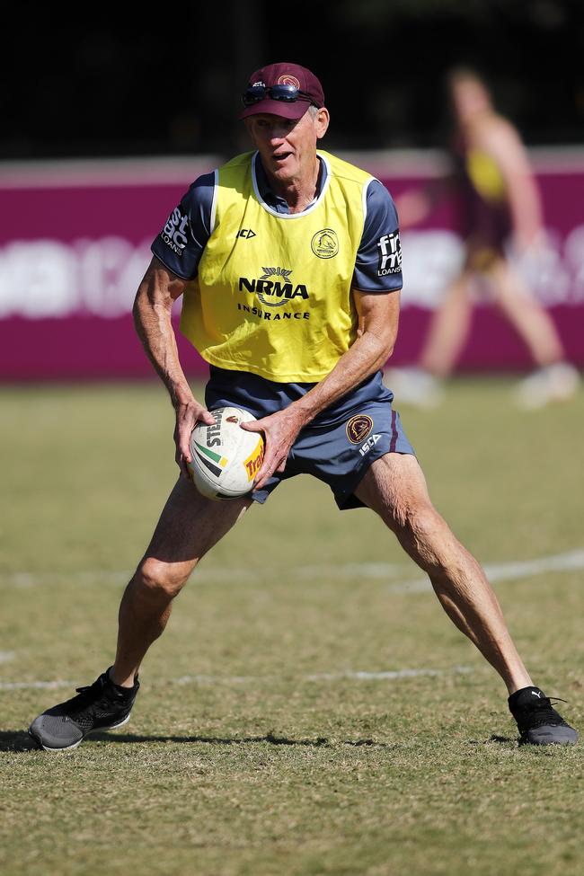 Coach Wayne Bennett shows how it’s done. Picture: Josh Woning/AAP