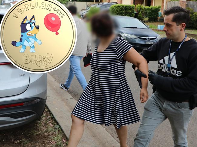 Police arrest Christina Vale over her alleged role in the theft of limited edition Bluey coins (inset) in Sydney's west. Pictures: NSW Police