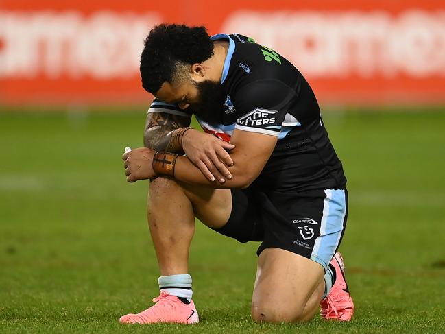 COFFS HARBOUR, AUSTRALIA - JULY 05: Siosifa Talakai of the Sharks looks dejected after his team's defeat during the round 18 NRL match between Cronulla Sharks and Gold Coast Titans at Coffs Harbour International Stadium, on July 05, 2024, in Coffs Harbour, Australia. (Photo by Albert Perez/Getty Images)