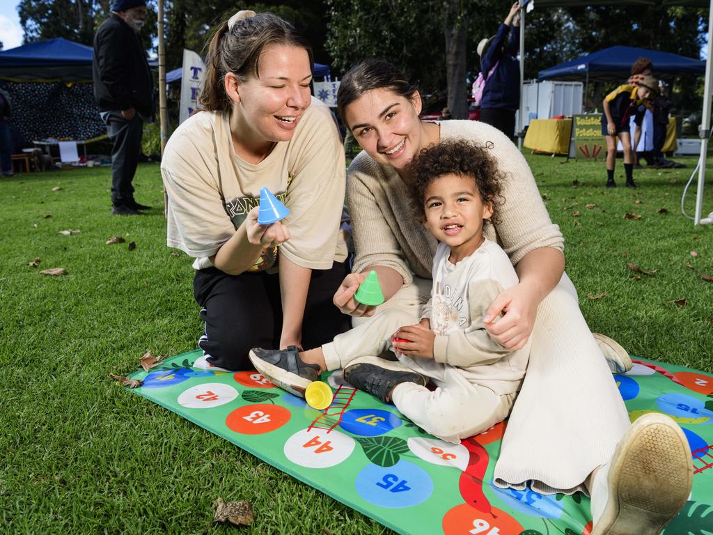 Keanan Wala with mum Breeanna Purvis (centre) and aunt Teal Beveridge at Toowoomba's World Environment Day celebrations at Lake Annand Park, Sunday, June 1, 2025. Picture: Kevin Farmer