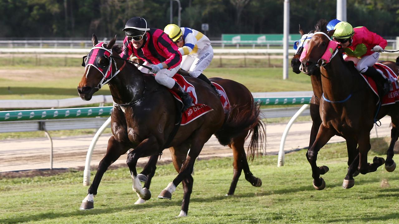 Tutelage, ridden by jockey Chris Whiteley, wins the 2021 Cairns Cup, held at the Cairns Jockey Club, Cannon Park. Picture: Brendan Radke