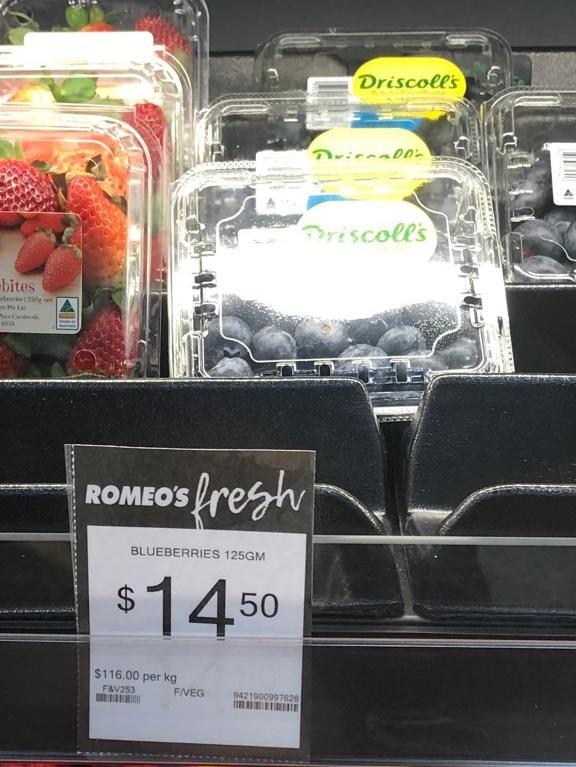 Romeo’s Foodland Lockleys is retailing a Driscoll’s blueberry punnet for $14.50. Source: Reddit.