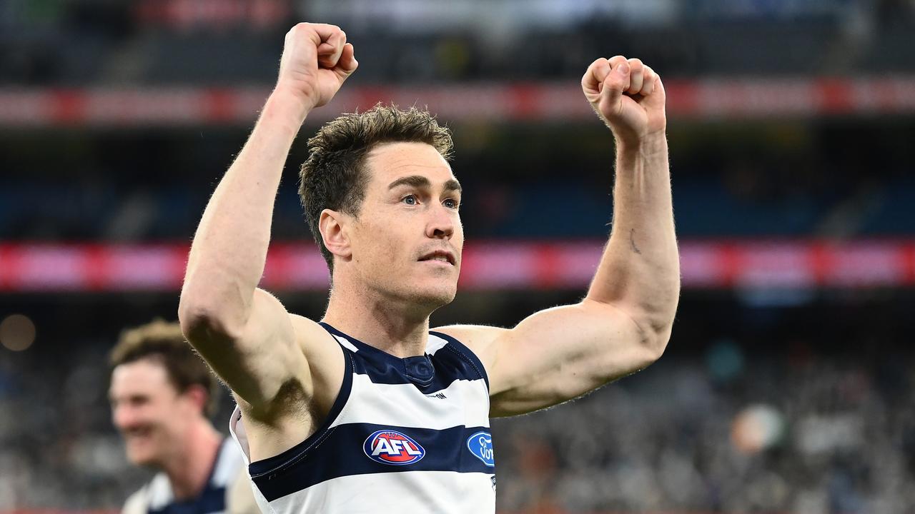 MELBOURNE, AUSTRALIA - SEPTEMBER 16: Jeremy Cameron of the Cats celebrates winning the AFL First Preliminary match between the Geelong Cats and the Brisbane Lions at Melbourne Cricket Ground on September 16, 2022 in Melbourne, Australia. (Photo by Quinn Rooney/Getty Images)