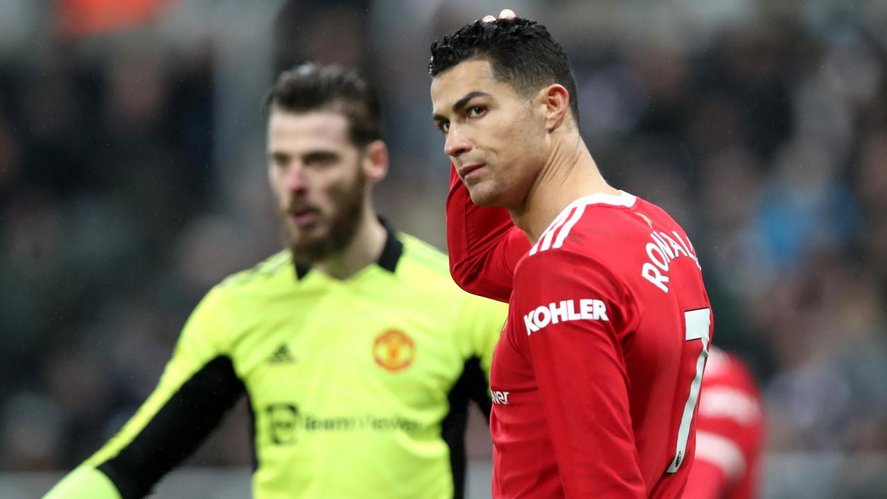 NEWCASTLE UPON TYNE, ENGLAND - DECEMBER 27: Cristiano Ronaldo of Manchester United looks dejected during the Premier League match between Newcastle United and Manchester United at St James' Park on December 27, 2021 in Newcastle upon Tyne, England. (Photo by Ian MacNicol/Getty Images)
