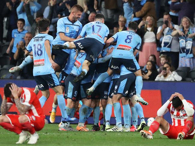 Sydney FC celebrate victory at full time in the A-League Grand Final between Sydney FC and Melbourne City at Bankwest Stadium, Parramatta. Picture: Brett Costello