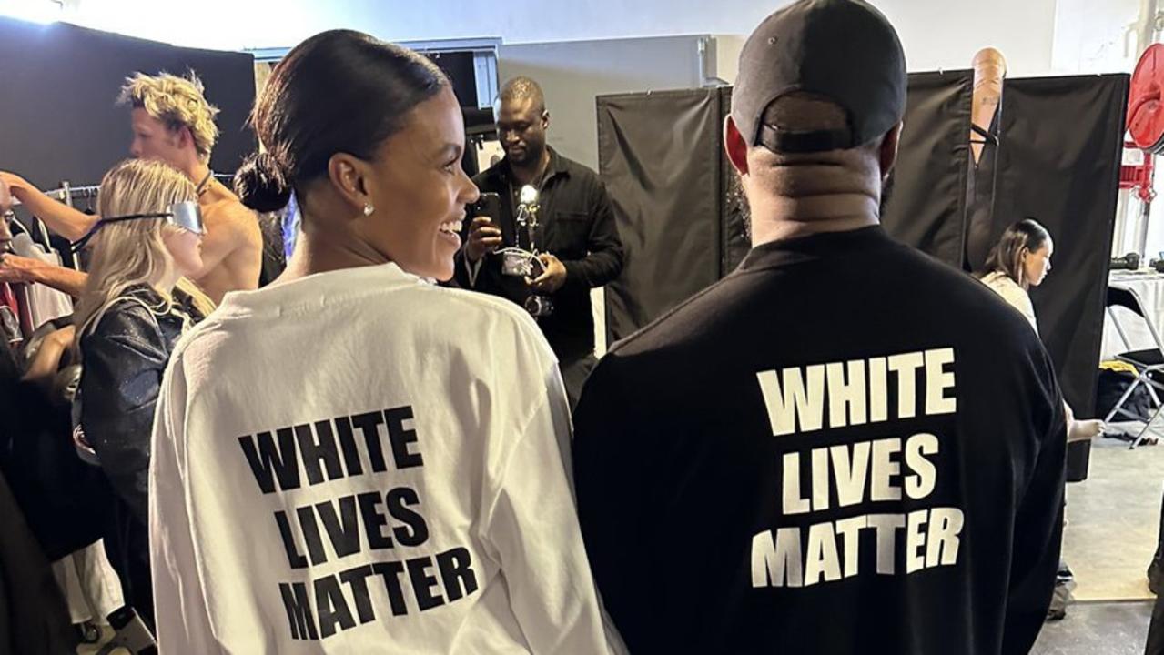 Candace Owens with Kanye West wearing matching White Lives Matter shirts.