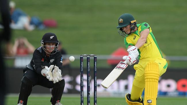 NAPIER, NEW ZEALAND – MARCH 30: Meg Lanning of Australia plays a shot during game two of the International T20 series between New Zealand and Australia at McLean Park on March 30, 2021 in Napier, New Zealand. (Photo by Kerry Marshall/Getty Images)