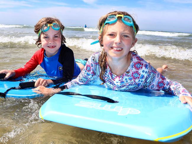 Hot weather is predicted for the rest of the week. People out and about during lockdown in Ocean Grove.Hugo Coventry 5yrs and Zoe Coventry 8yrs (Barwon Heads)picture: Glenn Ferguson