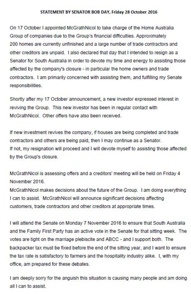 The full statement from Senator Bob Day.