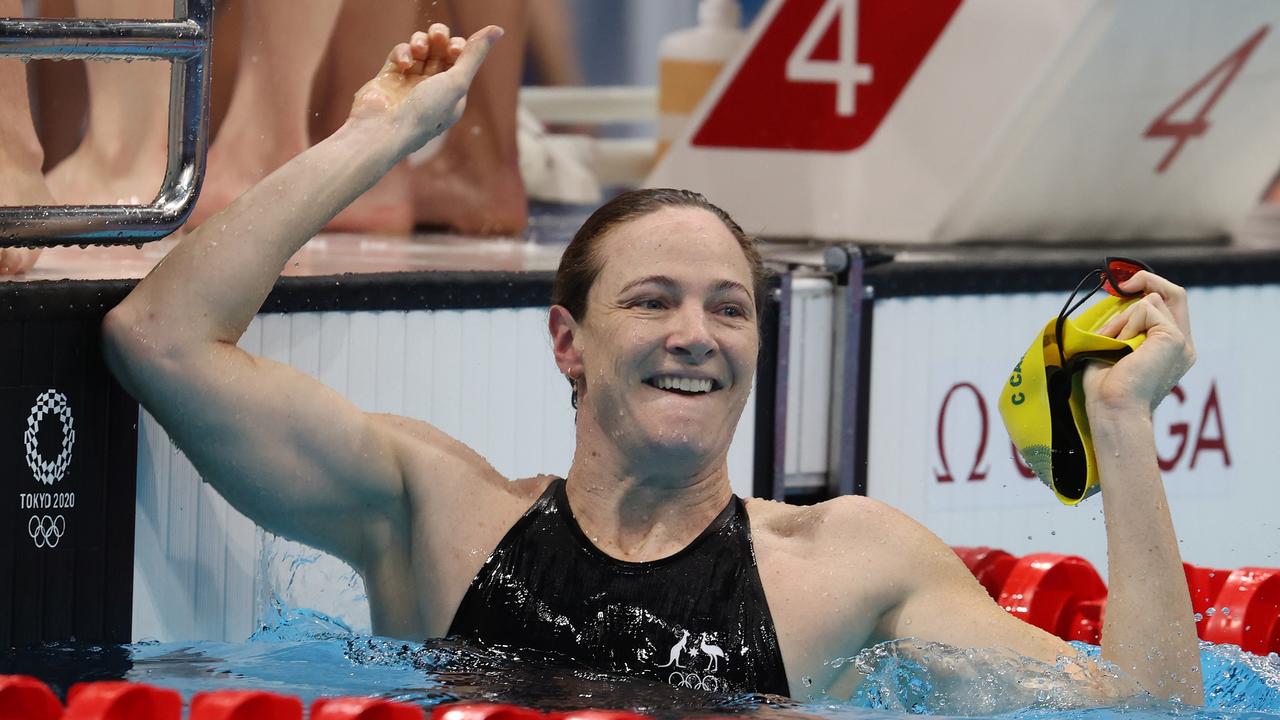 TOKYO, JAPAN - AUGUST 01: Cate Campbell of Team Australia reacts after winning the gold medal and breaking the Olympic record for the Women's 4 x 100m Medley Relay Final on day nine of the Tokyo 2020 Olympic Games at Tokyo Aquatics Centre on August 01, 2021 in Tokyo, Japan. (Photo by Al Bello/Getty Images)