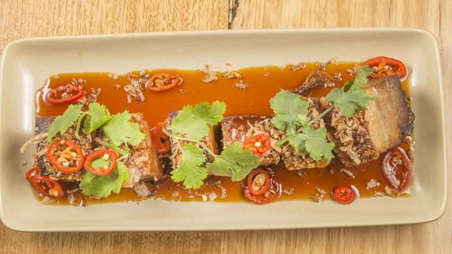 Twice cooked pork belly with chilli caramel sauce. Picture: Rob Leeson