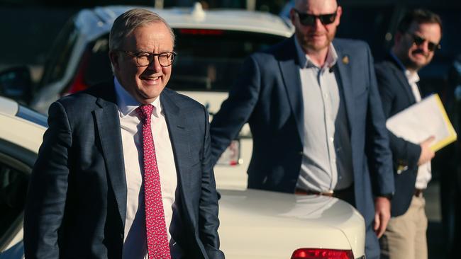 The PM and his minders on the Gold Coast. Picture: Glenn Campbell / NCA Newswire