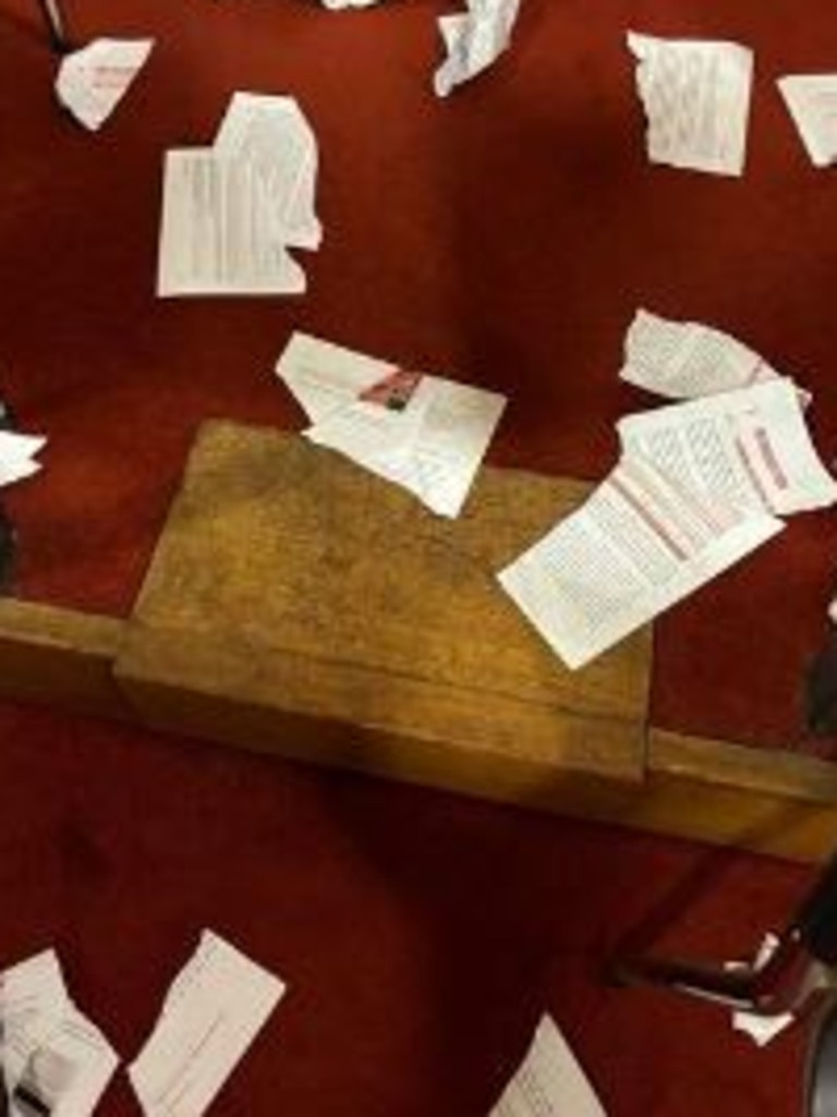 Pieces of the shredded Red Zone Report following Wednesday night’s SRC meeting. Picture: Supplied/Honi Soit